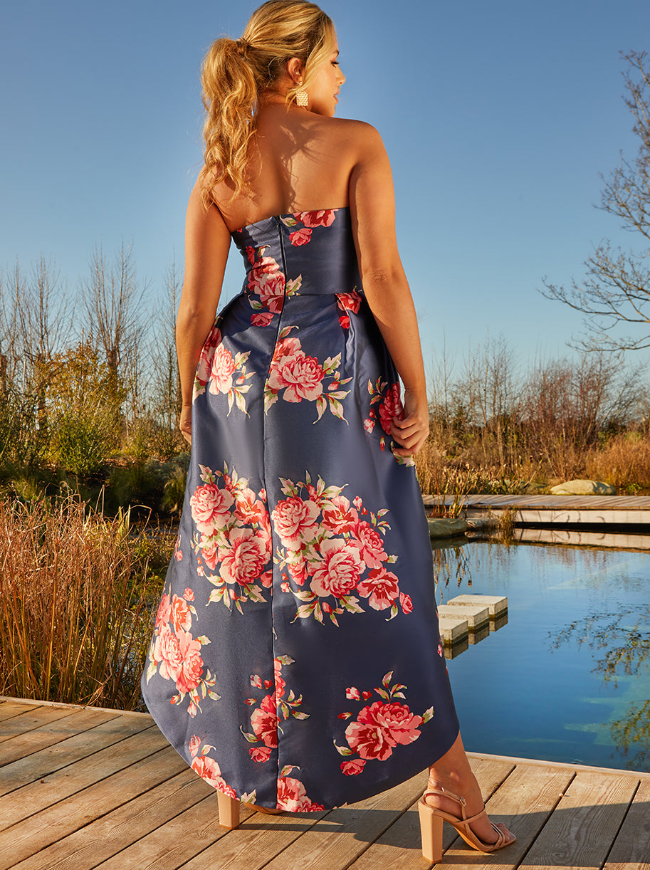 Plus Size Strapless Floral Print Dip Hem Dress in Navy