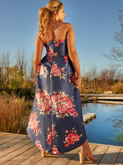 Plus Size Strapless Floral Print Dip Hem Dress in Navy