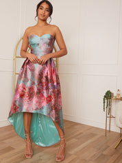 Strapless Printed Dip Hem Dress in Green