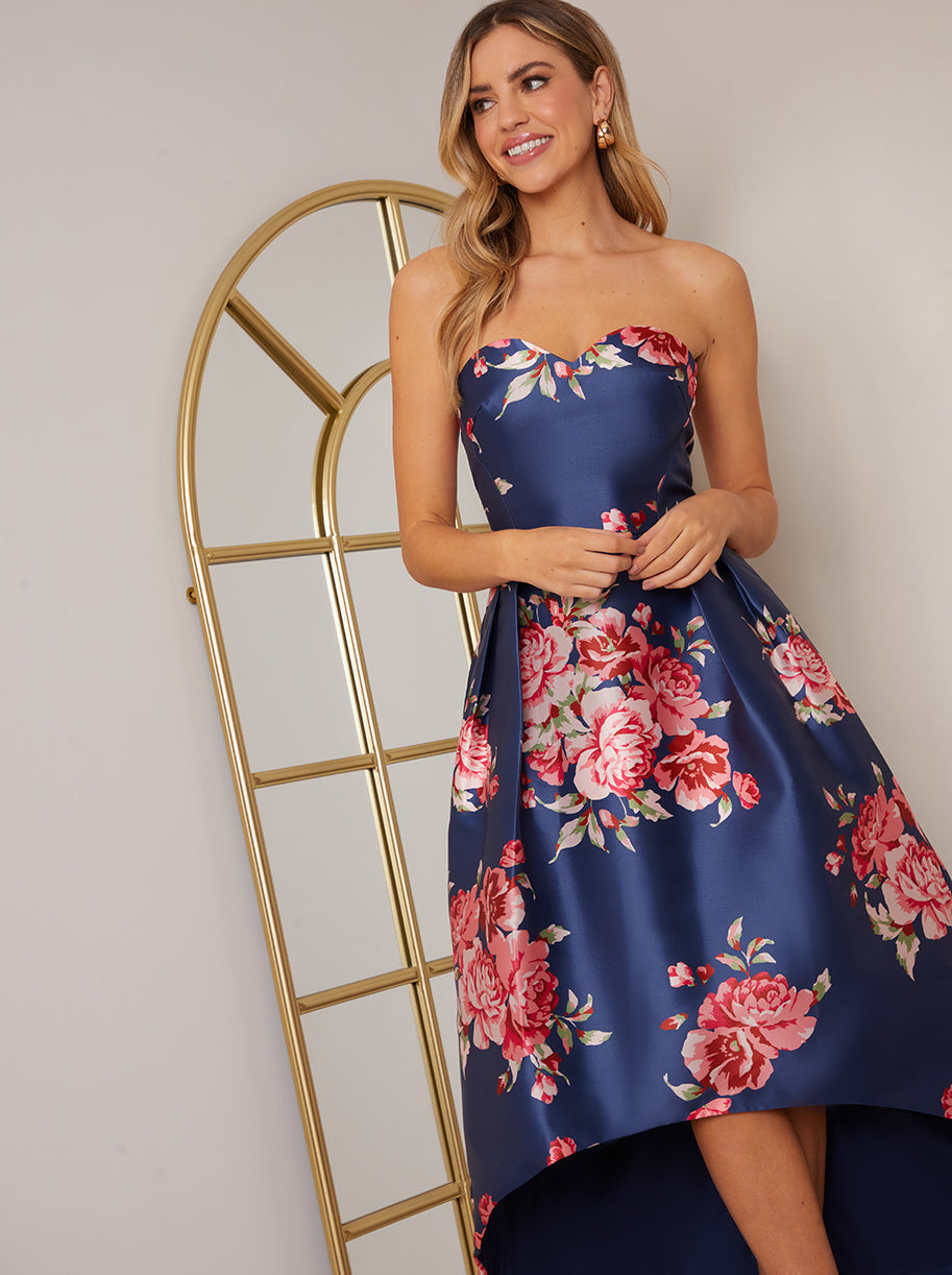 Strapless Floral Print Dip Hem Dress in Navy