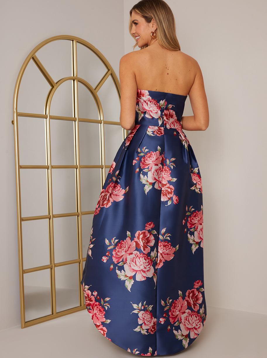 Strapless Floral Print Dip Hem Dress in Navy