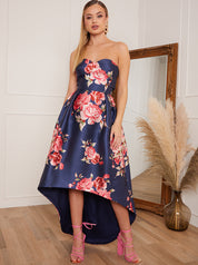 Petite Strapless Floral Print Dip Hem Dress in Navy