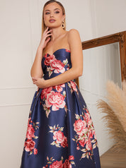 Petite Strapless Floral Print Dip Hem Dress in Navy