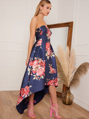 Petite Strapless Floral Print Dip Hem Dress in Navy