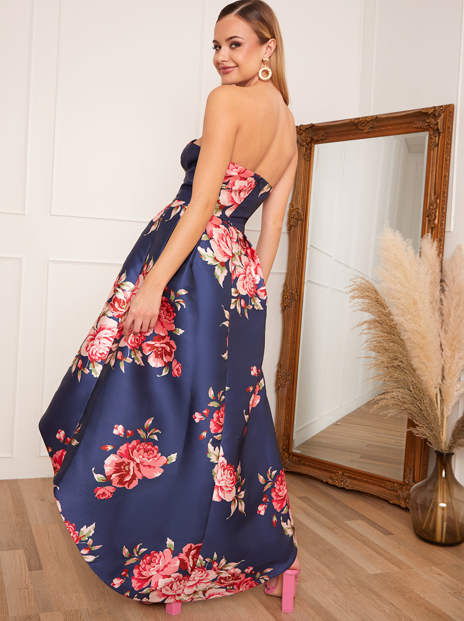 Petite Strapless Floral Print Dip Hem Dress in Navy