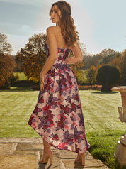 Halter Neck Plunge Floral Midi Dress in Pink