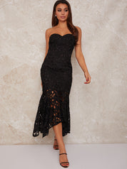 Bandeau Premium Lace Bodycon Midi Dress in Black