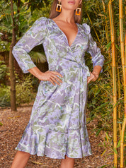 Long Sleeve Marble Wrap Midi Dress in Grey