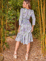 Long Sleeve Marble Wrap Midi Dress in Grey