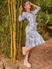 Long Sleeve Marble Wrap Midi Dress in Grey