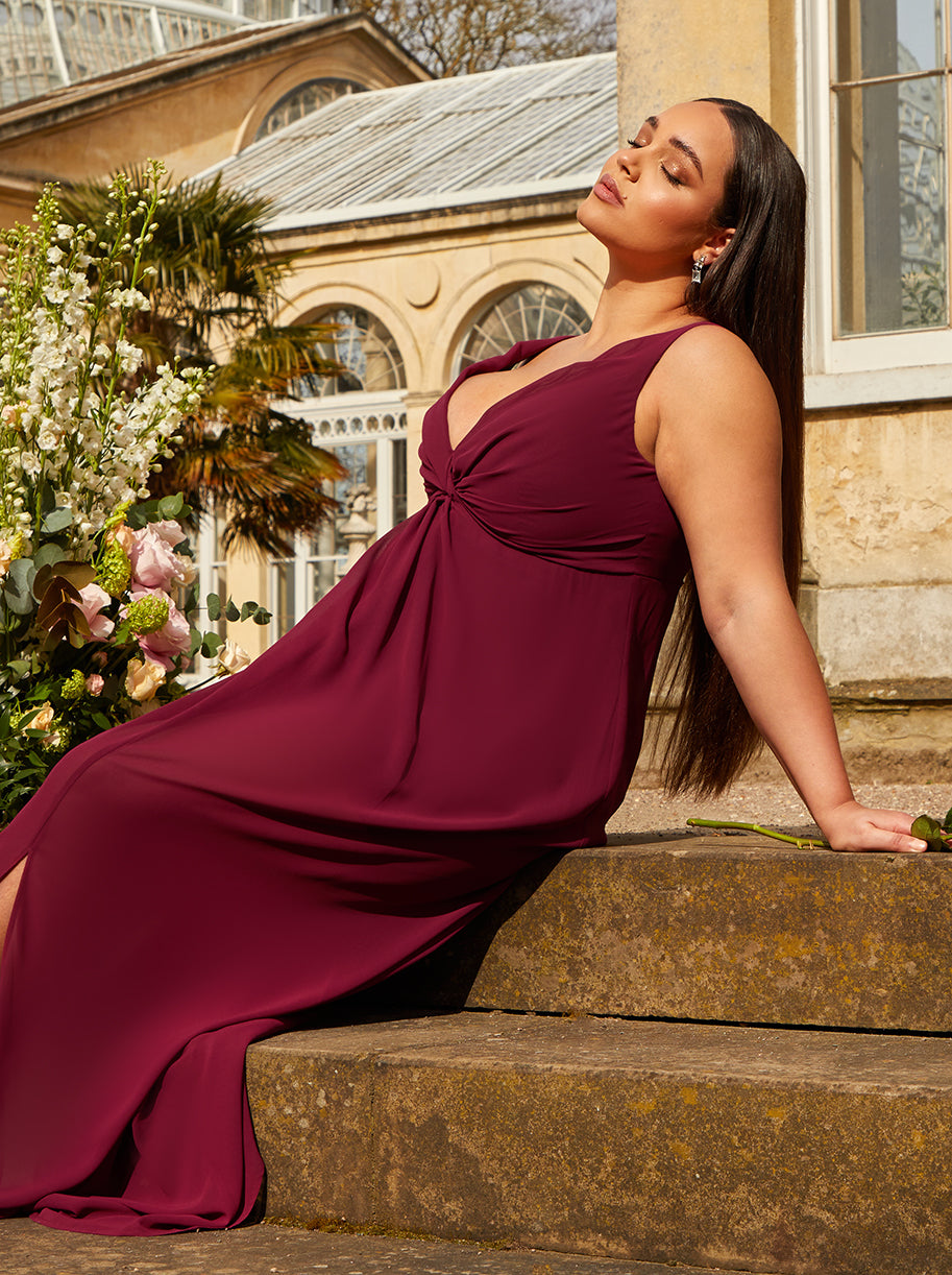 Plus Size Knot Detail Maxi Dress in Wine | Chi Chi London UK Plus Size Knot Detail Maxi Dress in Wine | Chi Chi London UK