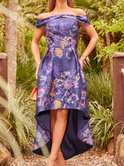 Bardot Neon Abstract Print Dip Hem Dress in Blue