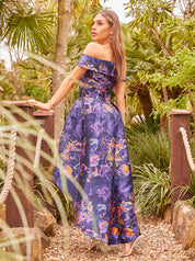 Bardot Neon Abstract Print Dip Hem Dress in Blue