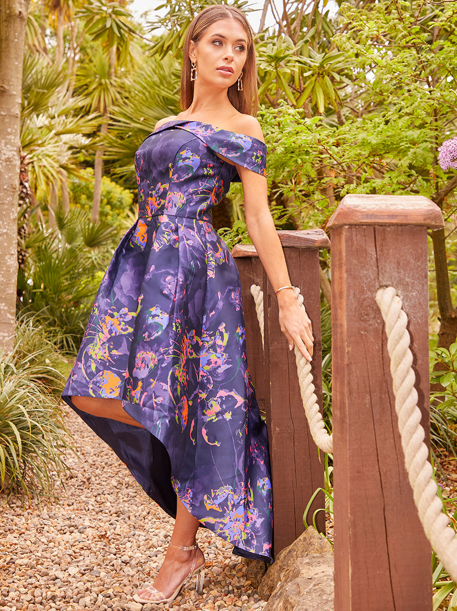 Bardot Neon Abstract Print Dip Hem Dress in Blue