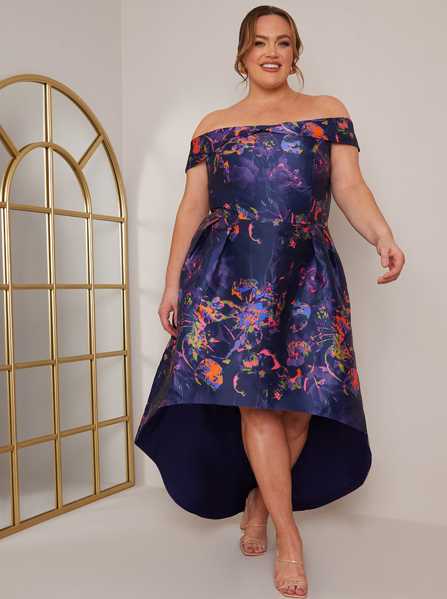 Plus Size Bardot Neon Abstract Print Keyhole Dip Hem Dress in Blue