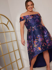Plus Size Bardot Neon Abstract Print Keyhole Dip Hem Dress in Blue