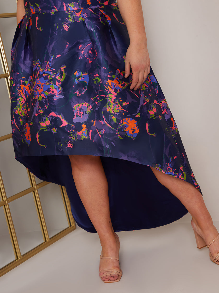 Plus Size Bardot Neon Abstract Print Keyhole Dip Hem Dress in Blue