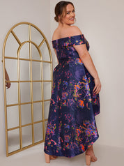 Plus Size Bardot Neon Abstract Print Keyhole Dip Hem Dress in Blue