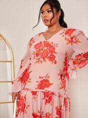 Plus Size Long Sleeve Floral Printed Midi Dress in Pink