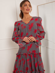 Long Sleeve Floral Printed Midi Dress in Grey
