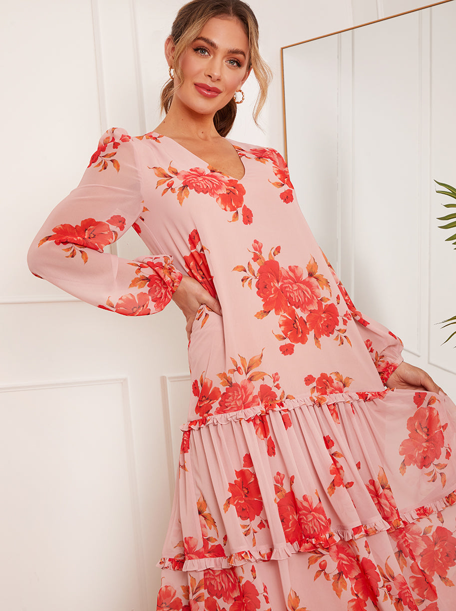 Long Sleeve Floral Printed Midi Dress in Pink
