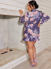 Plus Size Floral Print Mini Shirt Dress in Navy