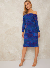 Long Sleeve Floral Ruched Bodycon Midi Dress in Navy