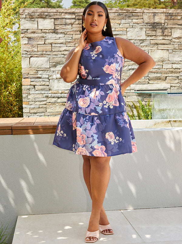 Plus Size Floral Printed Tiered Skirt Mini Dress in Navy