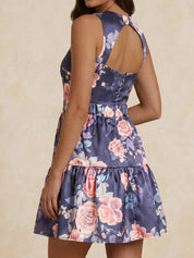 Floral Printed Tiered Skirt Mini Dress in Navy