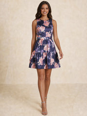 Floral Printed Tiered Skirt Mini Dress in Navy