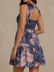 Floral Printed Tiered Skirt Mini Dress in Navy
