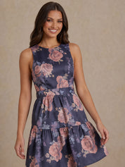 Floral Printed Tiered Skirt Mini Dress in Navy