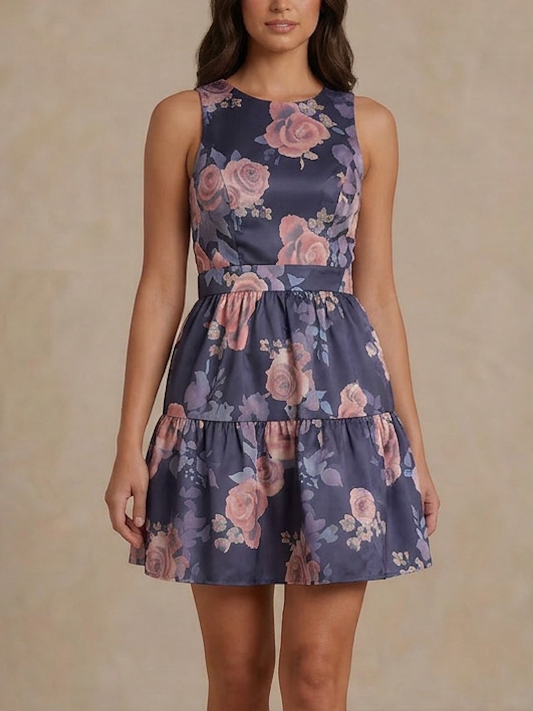 Floral Printed Tiered Skirt Mini Dress in Navy