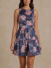Floral Printed Tiered Skirt Mini Dress in Navy