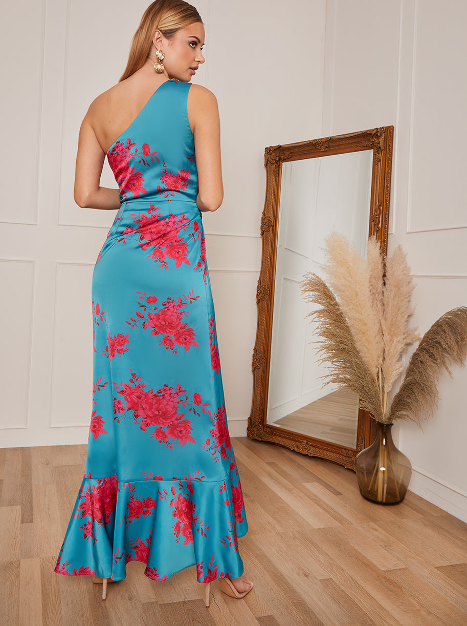 Petite One Shoulder Floral Printed Midi Dress in Blue