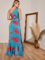 Petite One Shoulder Floral Printed Midi Dress in Blue