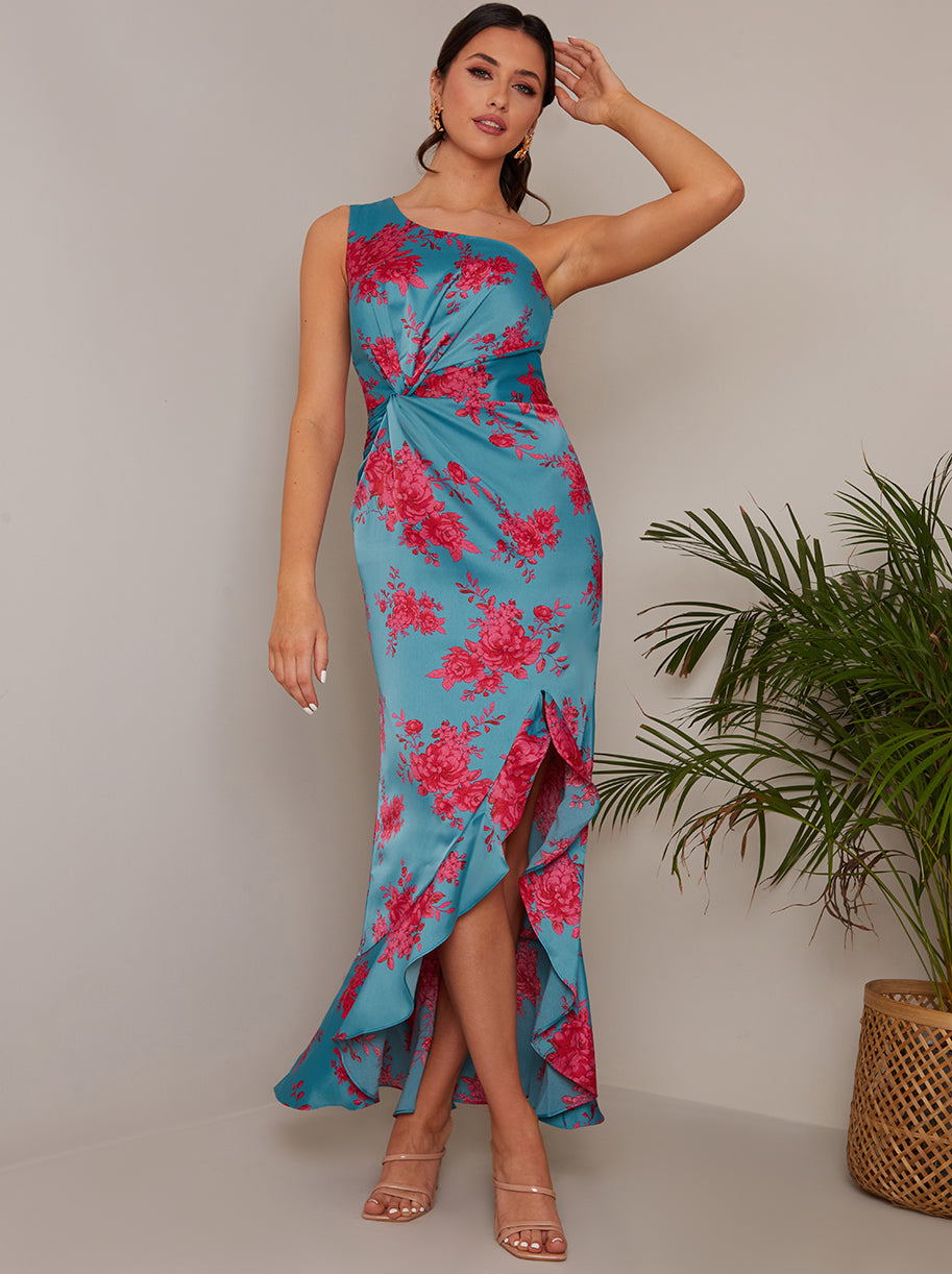 One Shoulder Floral Printed Midi Dress in Blue
