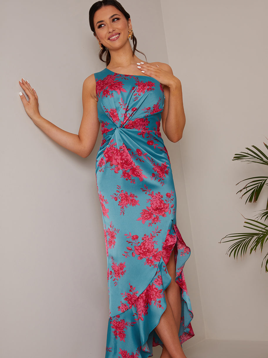 One Shoulder Floral Printed Midi Dress in Blue