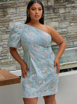 Plus Size One-Shoulder Puff Sleeve Floral Mini Dress in Blue