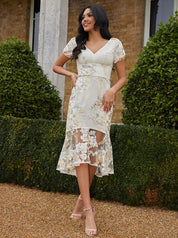 Embroidered Short Sleeve Midi Dress in Yellow