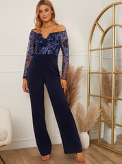 Long Sleeve Embroidered Floral Jumpsuit in Navy