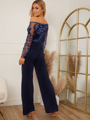 Long Sleeve Embroidered Floral Jumpsuit in Navy