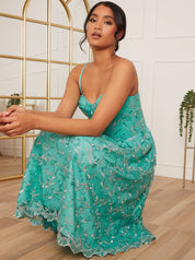 Embroidered Midi Dress with Detachable Straps in Green