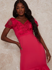 V Neck Embroidered Bodycon Midi Dress in Pink