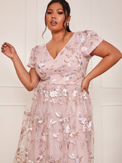 Plus Size Short Sleeve Floral Embroidered Midi Dress in Pink