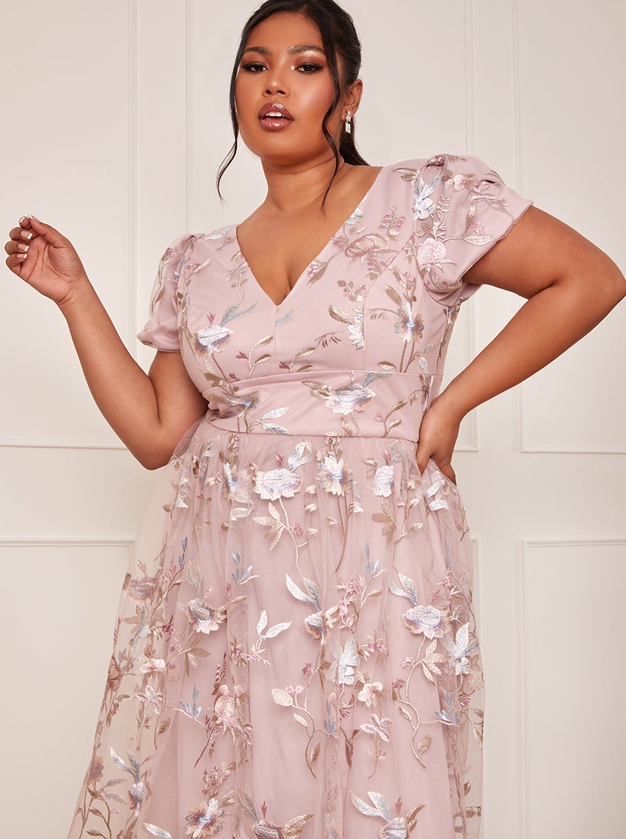 Plus Size Short Sleeve Floral Embroidered Midi Dress in Pink | Chi Chi London UK Plus Size Short Sleeve Floral Embroidered Midi Dress in Pink | Chi Chi London UK