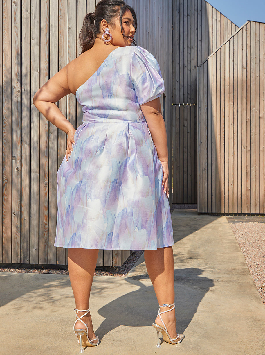 Plus Size One-Shoulder Puff Sleeve Watercolour Print Dress in Lilac