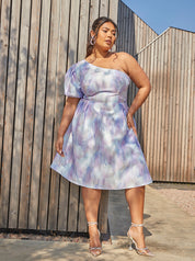 Plus Size One-Shoulder Puff Sleeve Watercolour Print Dress in Lilac