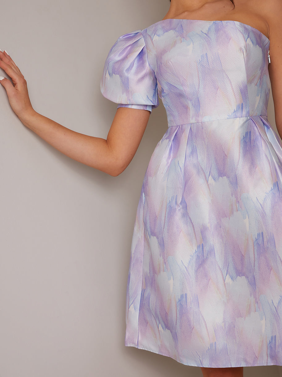 One-Shoulder Puff Sleeve Watercolour Print Dress in Lilac