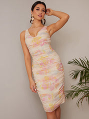 V Neck Floral Ruched Bodycon Midi Dress in Yellow